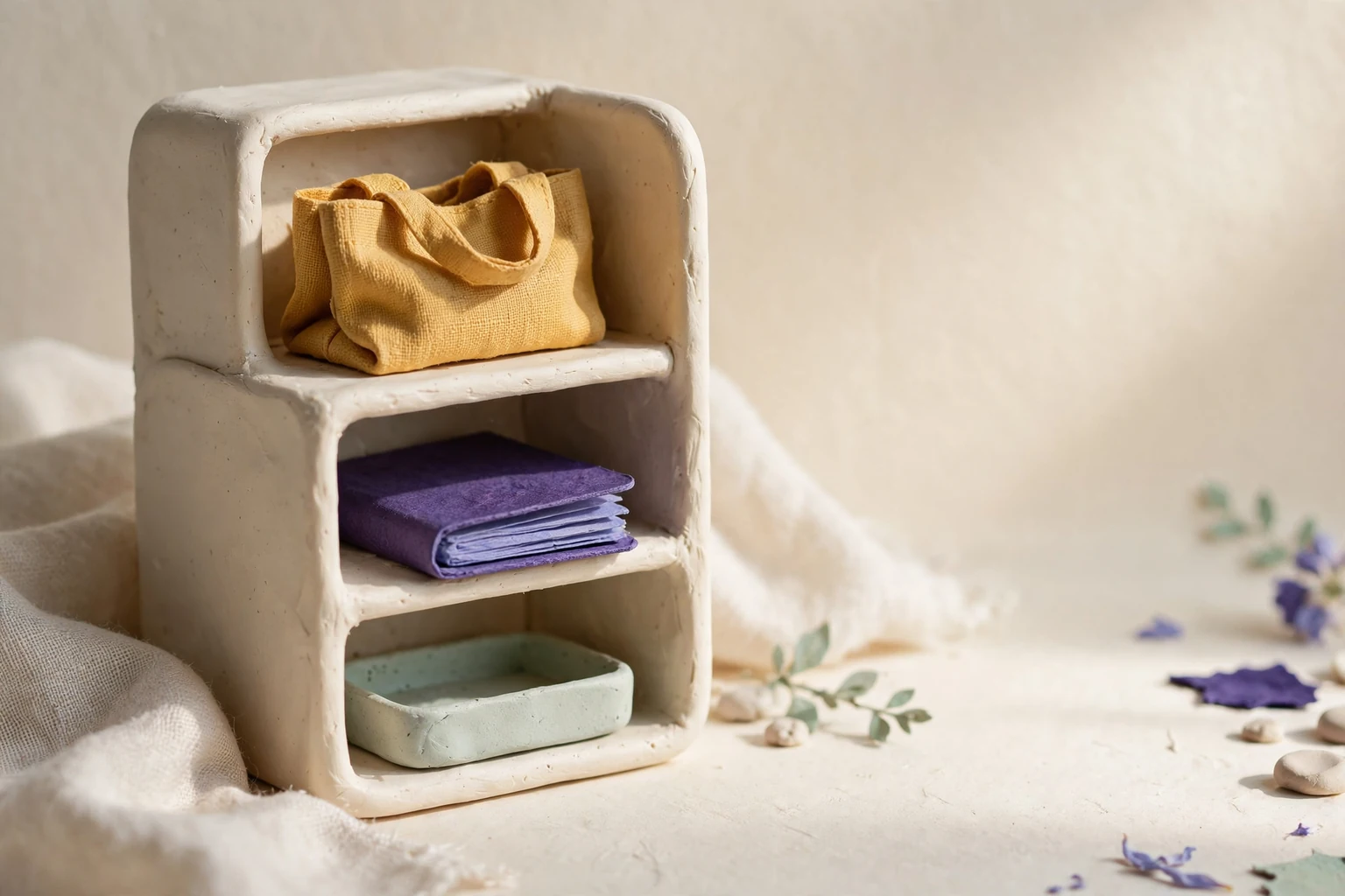 A welcoming open cubby with a folded tote, notebook and small tray
