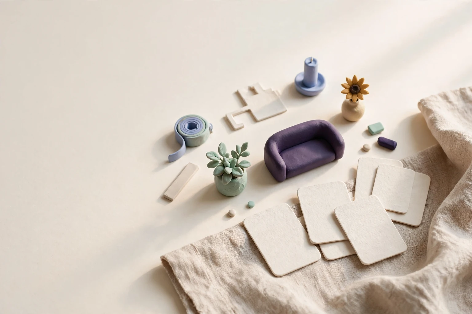 A tabletop with blank planning cards and household objects