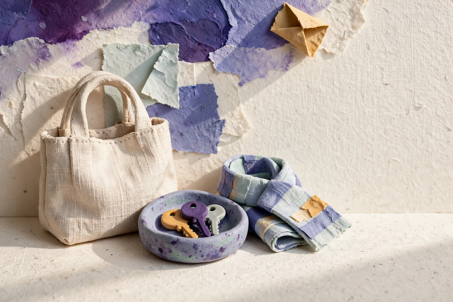 An entry shelf with a tote, key dish and folded scarf