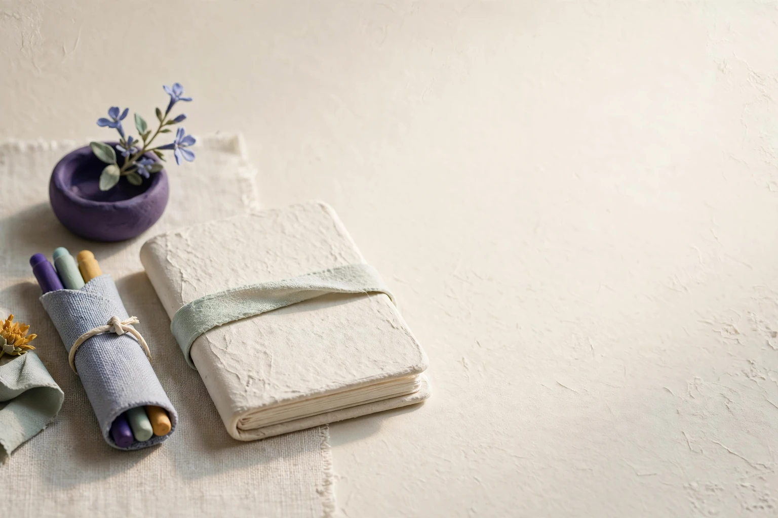 A clear work surface with a notebook and pen roll