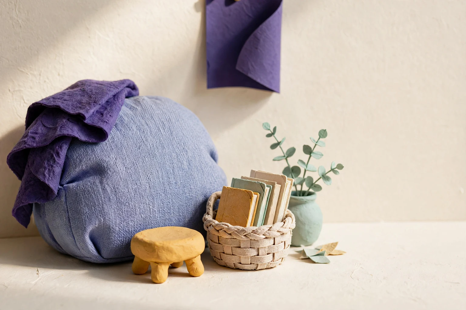 A soft reading corner with a low stool and book basket