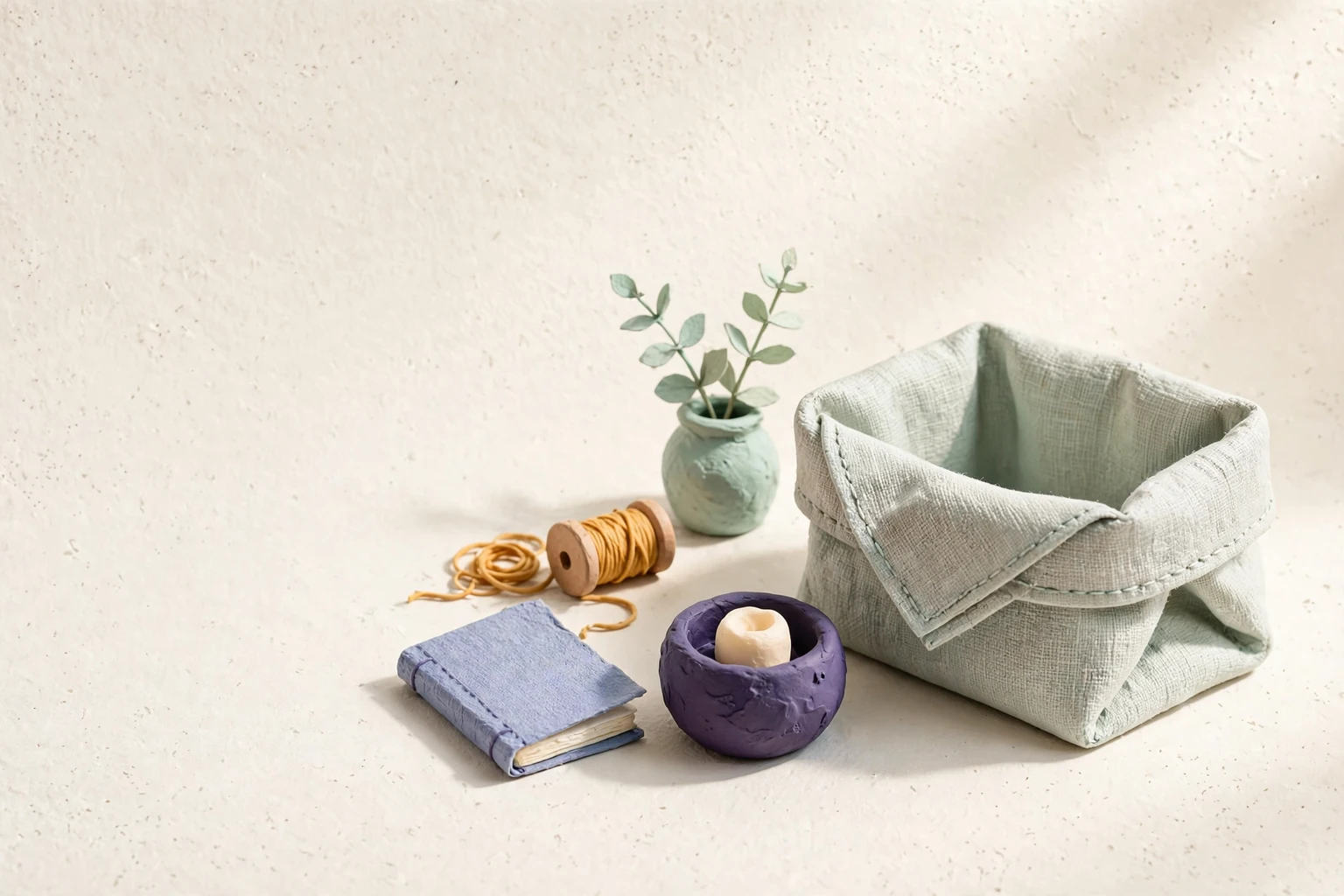 A folded fabric basket with useful objects gathered beside it