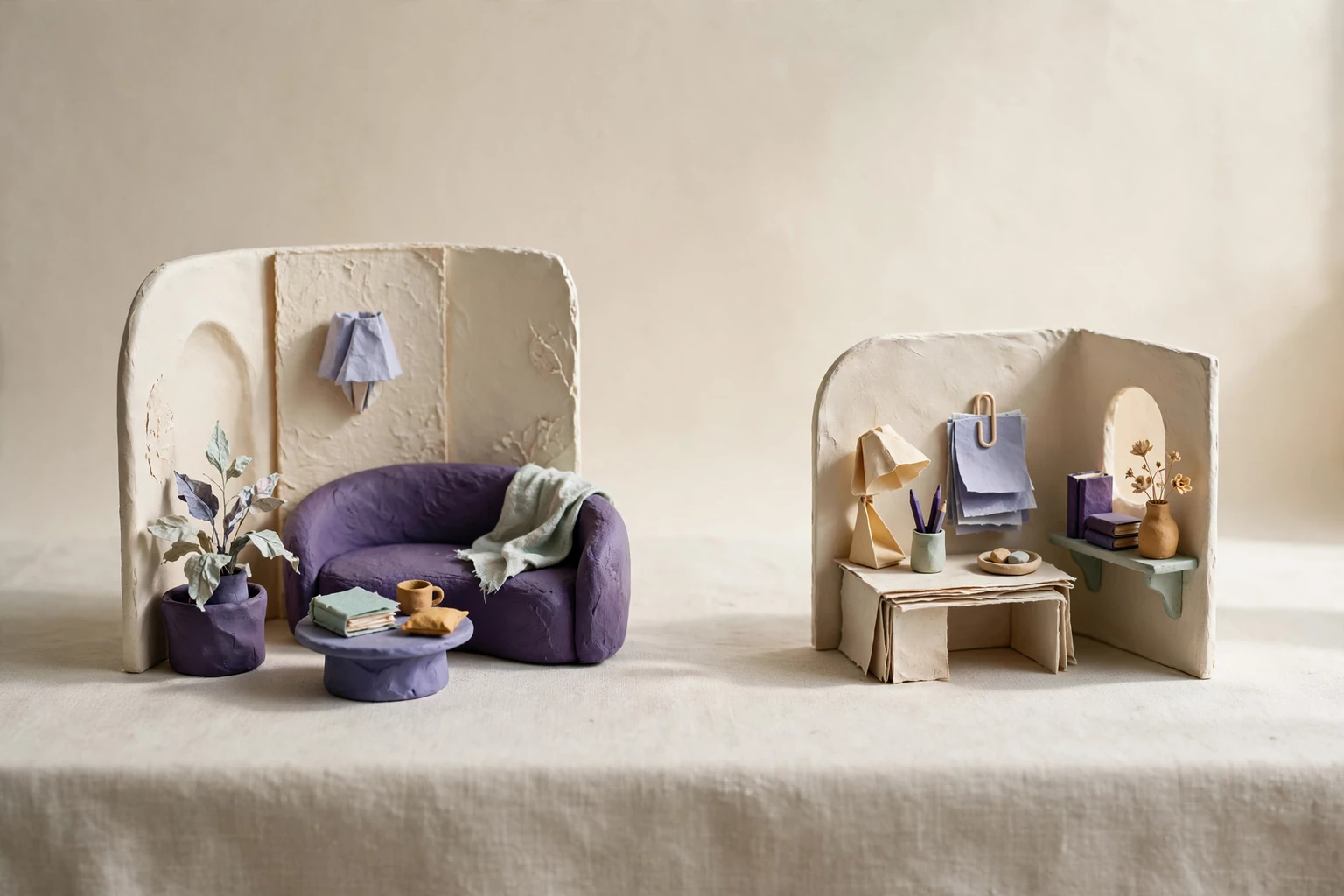Two distinct miniature room arrangements on a long surface