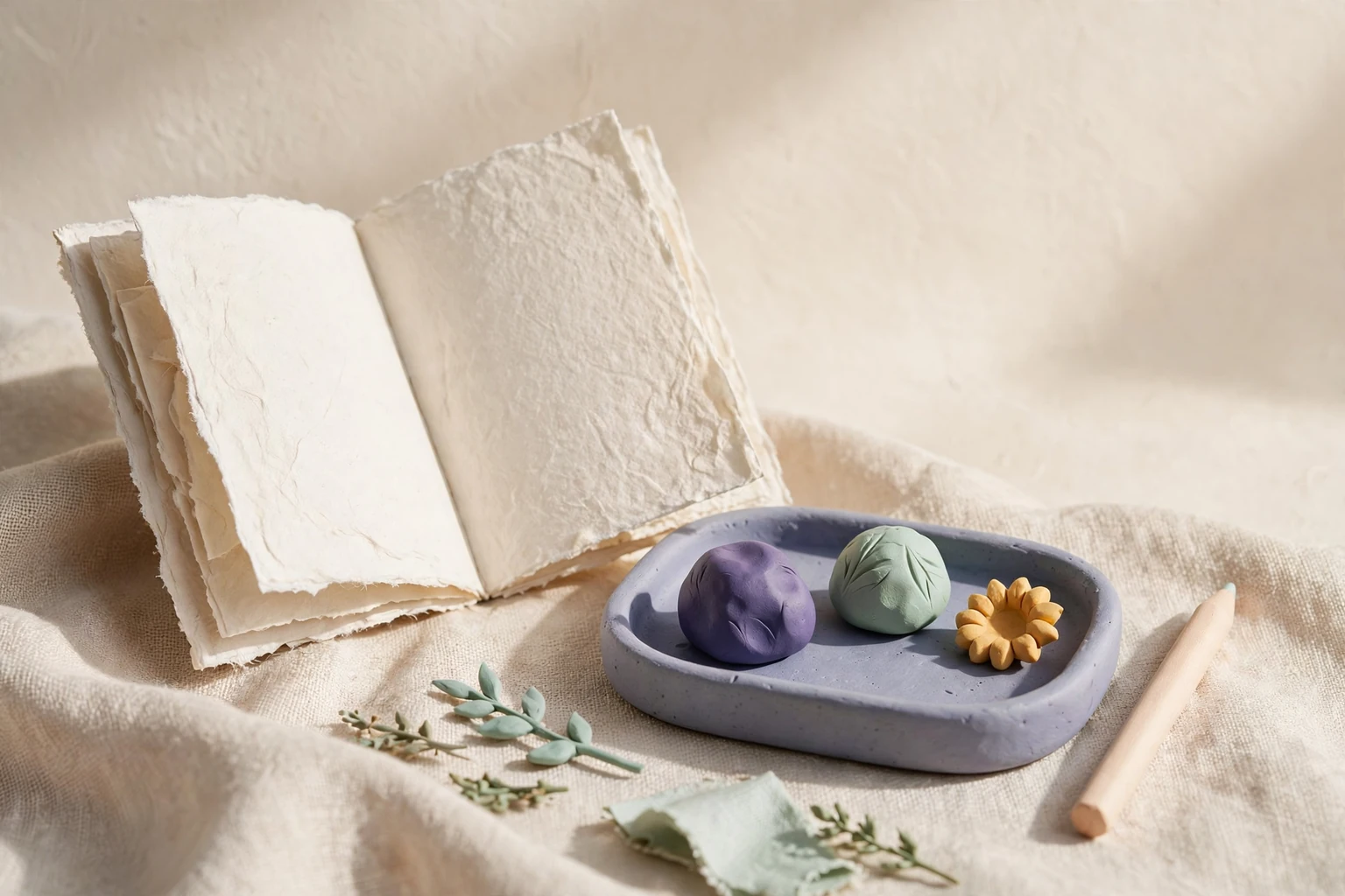 An unprinted folio beside a tray and pencil