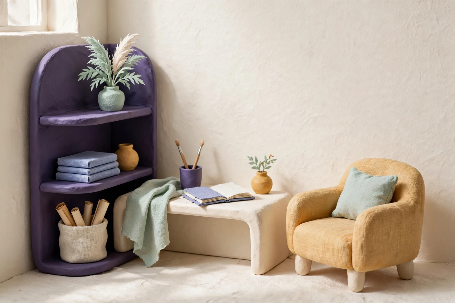 A small room with a desk, soft seat and storage shelf