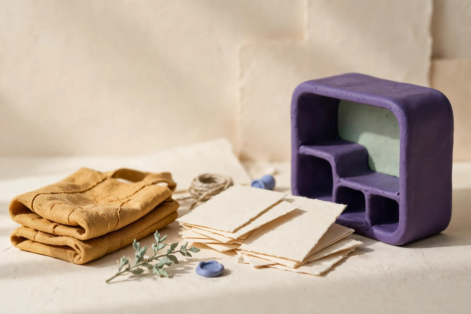 Blank cards, a folded tote and an open violet cubby